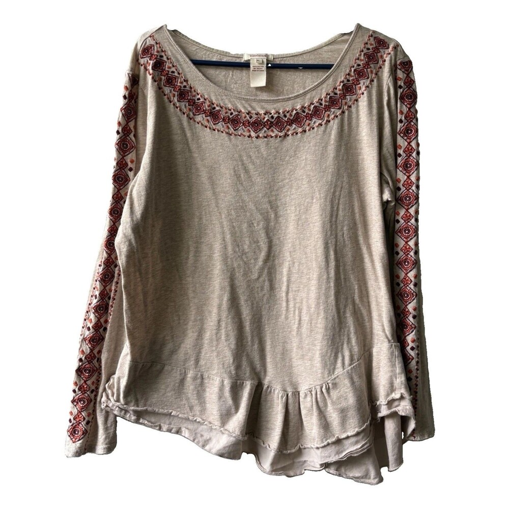 Sundance Tan Long Sleeve Embroidered Peplum Blouse EUC